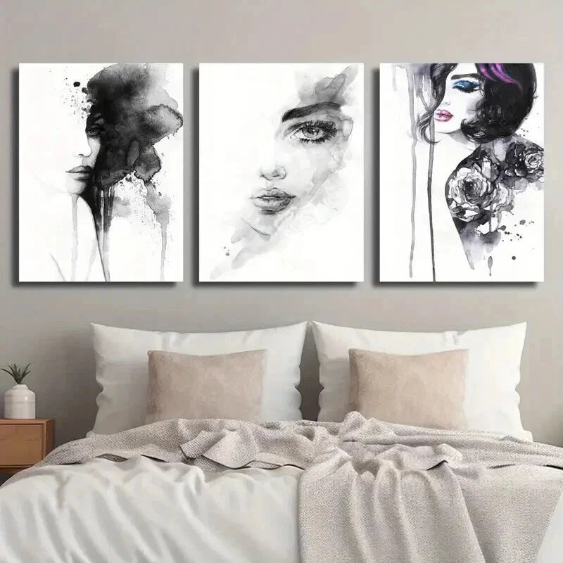 3pcs Black and White Female Portrait Wall Art Set Canvas Framed 40x60cm - High Quality Print 100% Australian Made Wall Canvas Ready to Hang