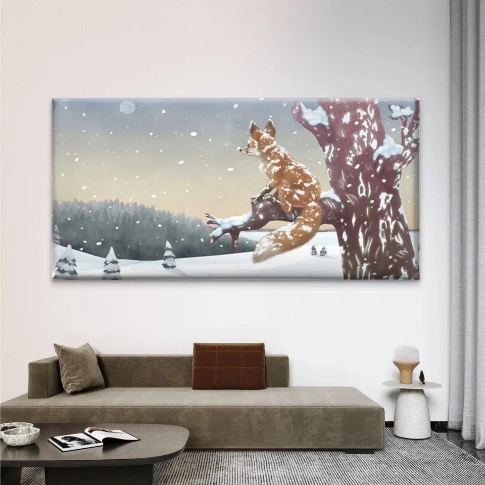 Classic Fox in Snowy Forest Wall Art Canvas Office Home Room Framed 80x45cm