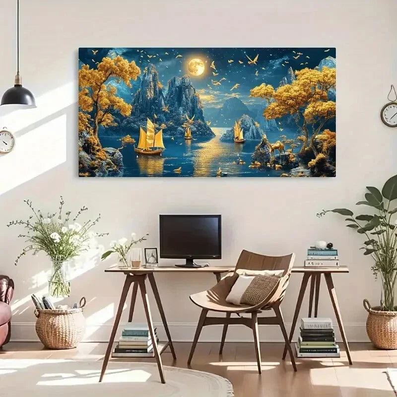 Vibrant Night Moonlit Mountains Wall Art Canvas Office Home Room Framed 120x60cm