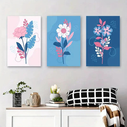 3pcs Modern Pink and Blue Flower Abstract Metal Print Ready to Hang Art