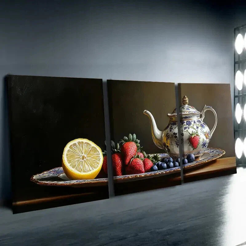 3pcs Afternoon Tea & Fruit Theme Dark Perfect Wall Art Set Canvas Framed 40x60cm - High Quality Print 100% Australian Made Wall Canvas Ready to Hang