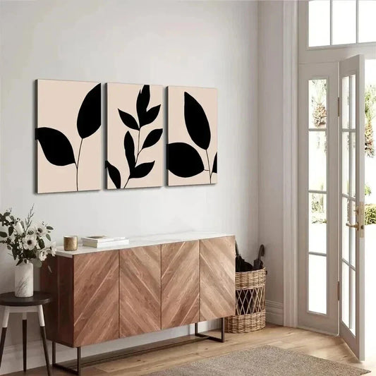 3pcs Neutral Tones with Black Leaves & Flowers Wall Art Set Canvas Framed 40x60cm - High Quality Print 100% Australian Made Wall Canvas Ready to Hang