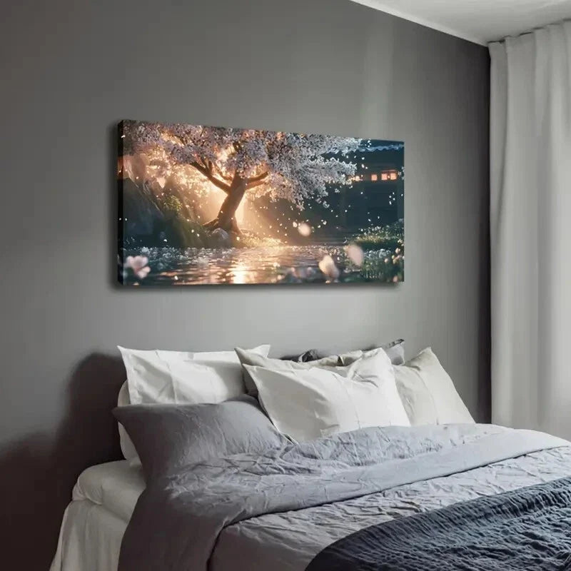 Serene Cherry Blossom Waterfall Wall Art Canvas Office Home Room Framed 80x45cm