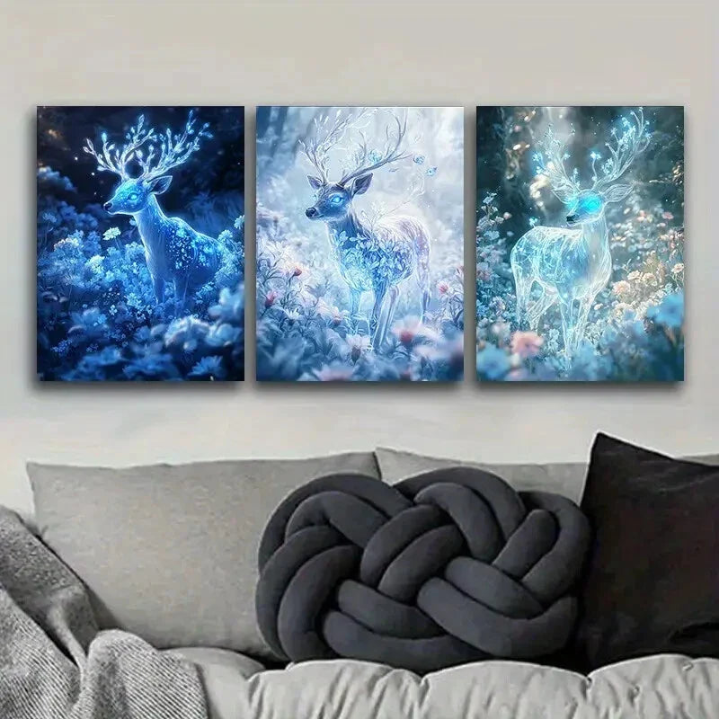 3pcs Luxurious, Deer with Ice-blue, Metal Print Ready to Hang Art