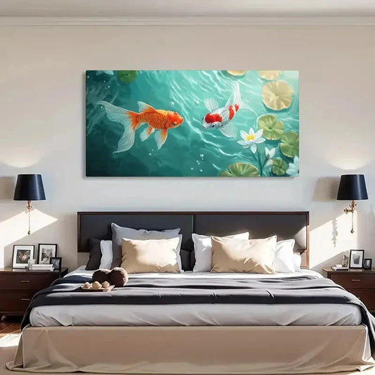 Serene Goldfish & Lotus Leaf Wall Art Canvas Office Home Room Framed 120x60cm