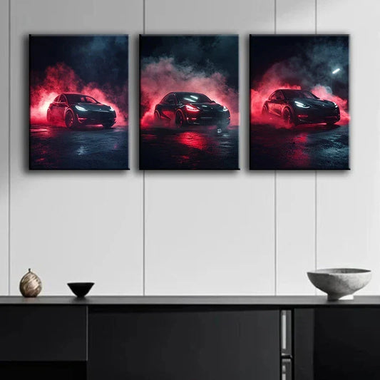 3pcs Luxurious Motion Camera Car Design Metal Print Ready to Hang Art