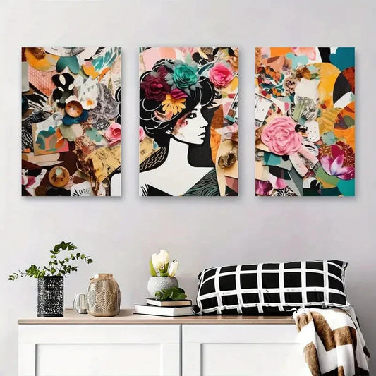 3pcs Abstract Fashion Portraits with Floral Metal Print Ready to Hang Art