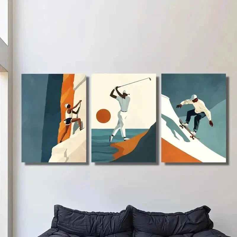 3pcs Climbing Golf Skateboarding Illustrations Wall Art Set Canvas Framed 40x60cm - High Quality Print 100% Australian Made Wall Canvas Ready to Hang
