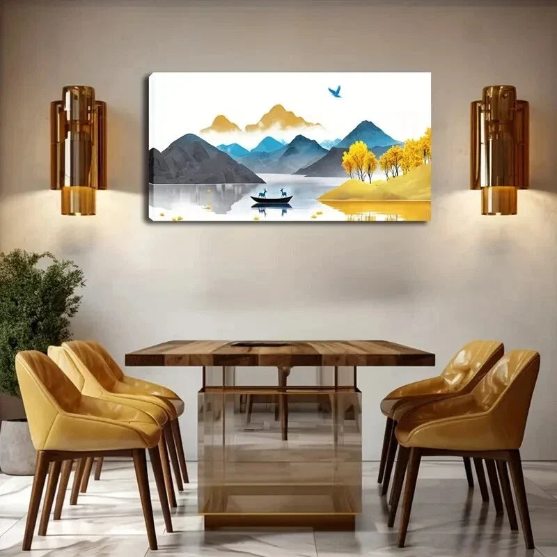 Golden Tree And Grass Boat Wall Art Canvas Office Home Room Framed 120x60cm