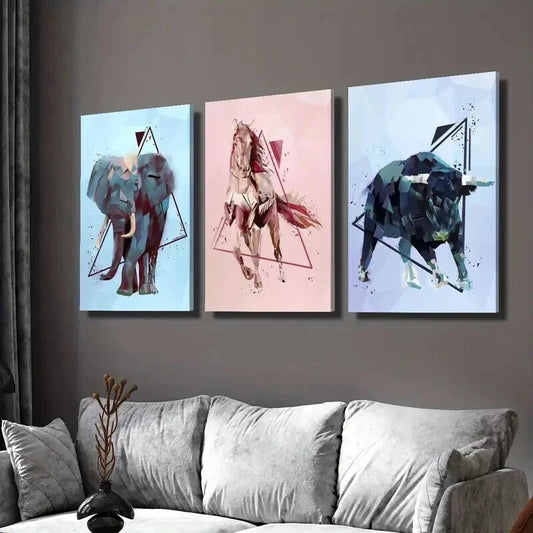 3pcs Elephant Horse Bull in Geometric Style Wall Art Set Canvas Framed 40x60cm - High Quality Print 100% Australian Made Wall Canvas Ready to Hang