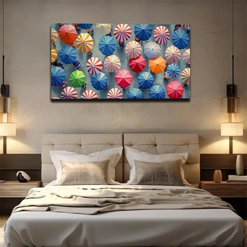 Umbrella Scene Bohemian Modern Wall Art Canvas Office Home Room Framed 120x60cm