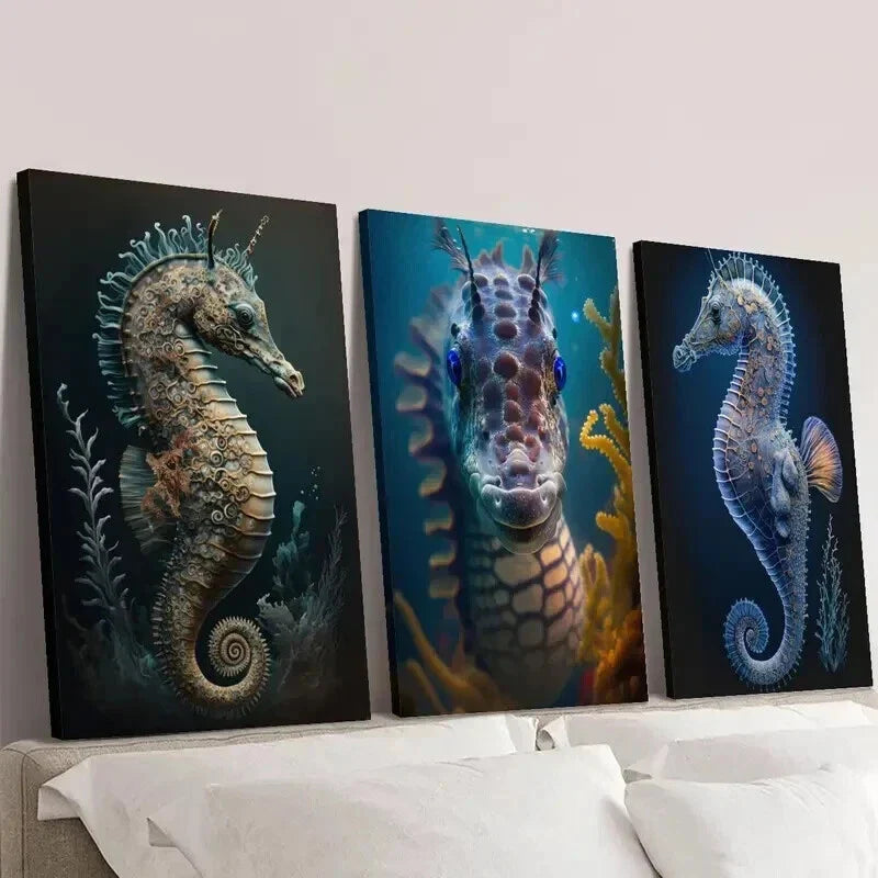 3pcs Seahorse Swimming in Water Wall Art Set Canvas Framed 40x60cm - High Quality Print 100% Australian Made Wall Canvas Ready to Hang