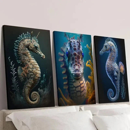3pcs Seahorse Swimming in Water Wall Art Set Canvas Framed 40x60cm - High Quality Print 100% Australian Made Wall Canvas Ready to Hang