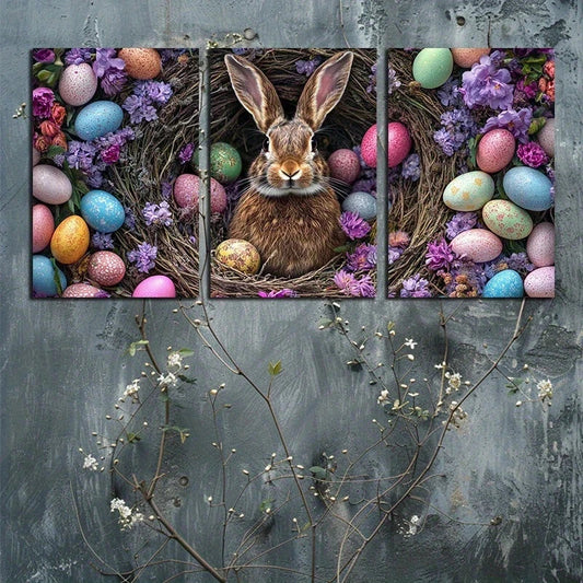 3pcs Brown Cute Bunny Colourful Eggs Big Ears Metal Print Ready to Hang Art