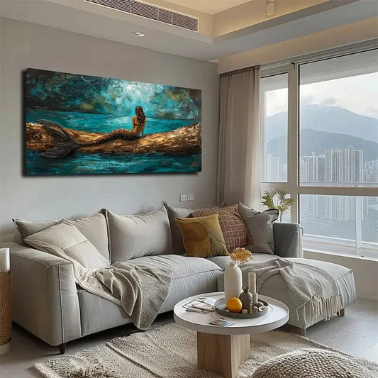 Mermaid Sitting on Driftwood Wall Art Canvas Office Home Room Framed 120x60cm
