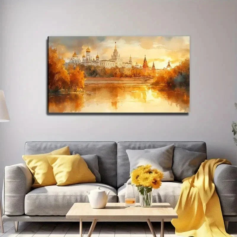 Golden Painting Wall Art Canvas Office Home Room Framed 80x45cm
