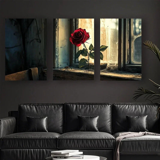 3pcs A Vintage Rose On The Windowsill Metal Print Ready to Hang Art