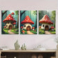3pcs Mushroom House Triptych Vibrant Colors Metal Print Ready to Hang Art