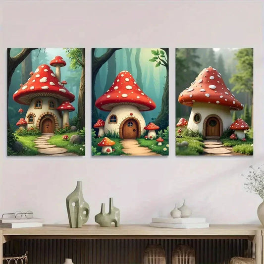 3pcs Mushroom House Triptych Vibrant Colors Metal Print Ready to Hang Art