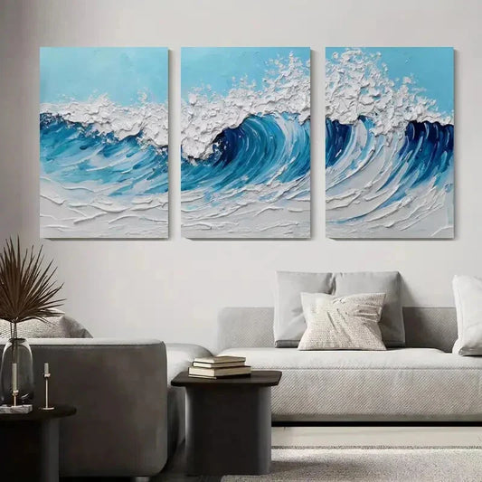3pcs Abstract Ocean Art, Blue Coastal Metal Print Ready to Hang Art'