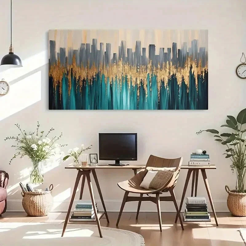 Teal Waves & Golden Accents Wall Art Canvas Office Home Room Framed 120x60cm