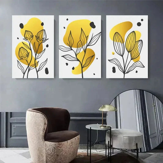 3pcs Abstract Yellow Flower Black Line Drawing Metal Print Ready to Hang Art