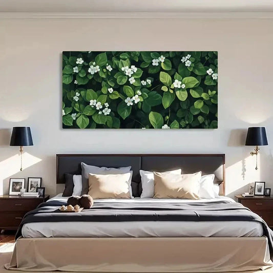 Green Leaves And White Flowers Wall Art Canvas Office Home Room Framed 120x60cm