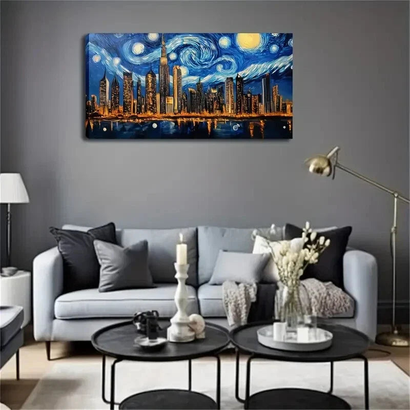 Modern City Night Skyline Wall Art Canvas Office Home Room Framed 120x60cm