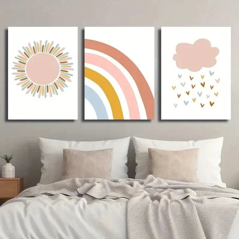 3pcs Cartoon Sun and Rainbow and Love Rain Wall Art Set Canvas Framed 40x60cm - High Quality Print 100% Australian Made Wall Canvas Ready to Hang