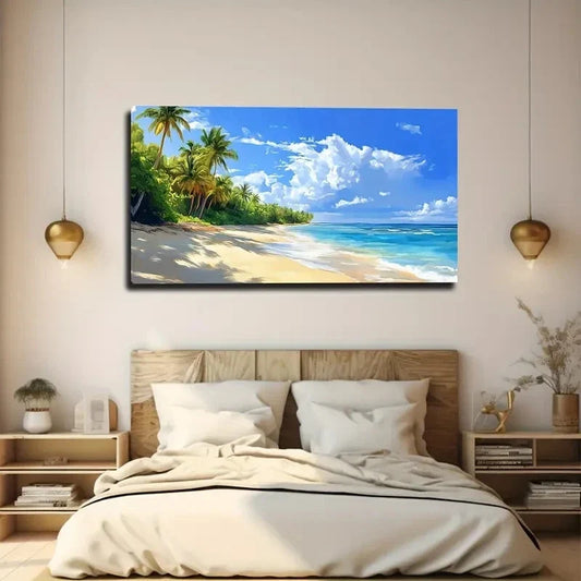 Beach Scene with Palm Trees Wall Art canvas office home room framed 80x45cm