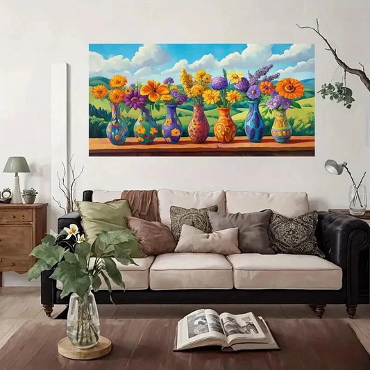 Vibrant Floral Vases Colorful Wall Art Canvas Office Home Room Framed 80x45cm