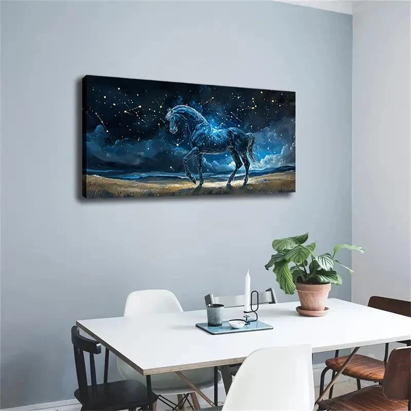 Majestic Black Horse in Starry Wall Art Canvas Office Home Room Framed 120x60cm