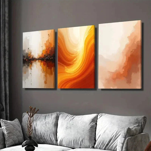 3pcs Modern Abstract Vibrant Orange Stylish Wall Art Set Canvas Framed 40x60cm - High Quality Print 100% Australian Made Wall Canvas Ready to Hang