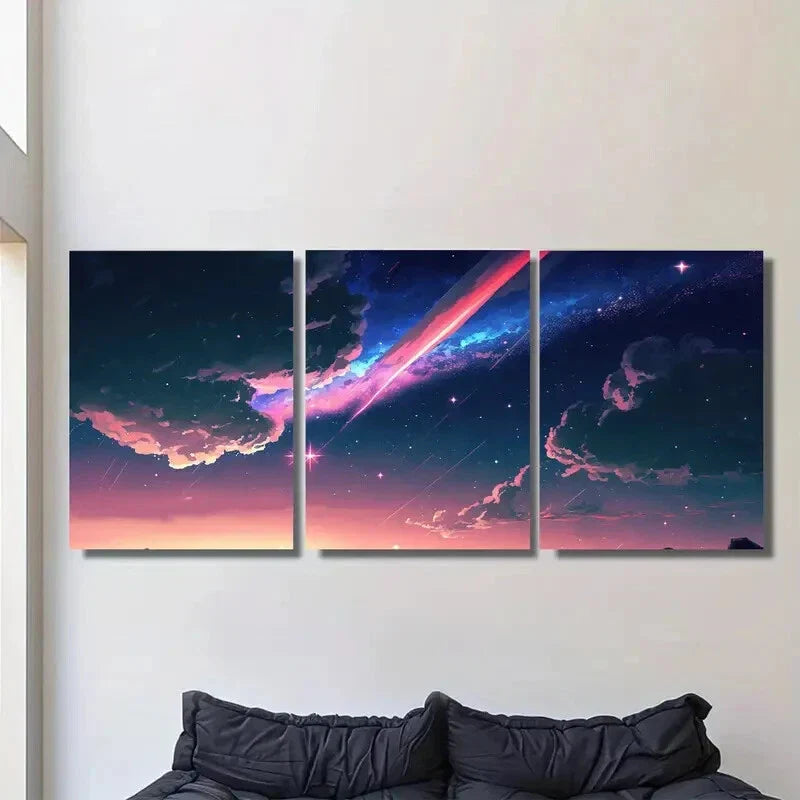 3pcs Starry Night Sky Triptych with Vibrant Cloud Metal Print Ready to Hang Art