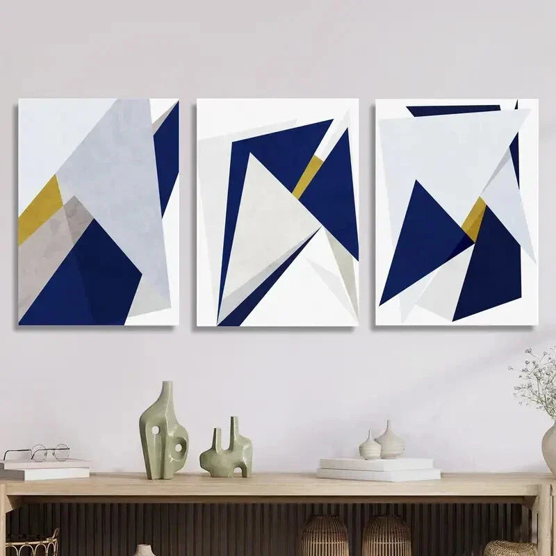 3pcs Golden and Blue Triangle Design,  Art Metal Print Ready to Hang Art