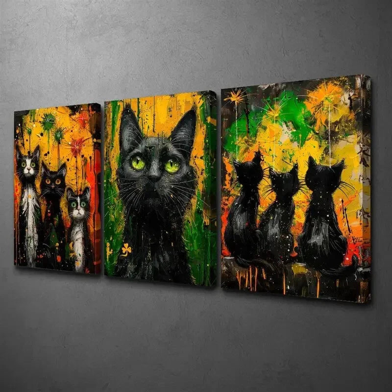 3pcs Vibrant Black Cat  Wall Art Set Canvas Framed 40x60cm - High Quality Print 100% Australian Made Wall Canvas Ready to Hang