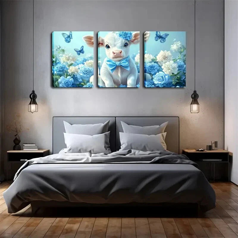 3pcs Blue Flowers Butterfly And Cute Calf  Wall Art Set Canvas Framed 40x60cm - High Quality Print 100% Australian Made Wall Canvas Ready to Hang