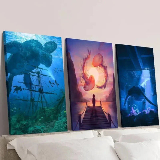 3pcs Giant Jellyfish Dolphin & Turtle Wall Art Set Canvas Framed 40x60cm - High Quality Print 100% Australian Made Wall Canvas Ready to Hang