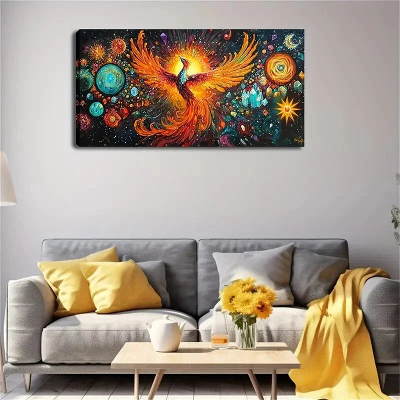 Vibrant Watercolor Phoenix Wall Art Canvas Office Home Room Framed 80x45cm