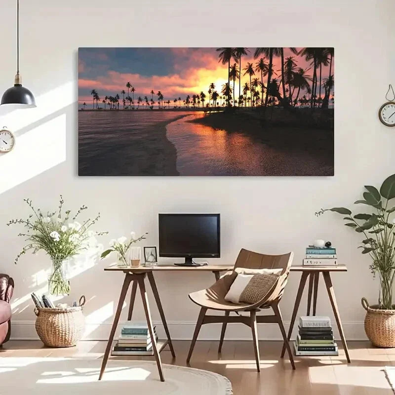 Palm Trees Sunset Seaside Wall Art Canvas Office Home Room Framed 80x45cm