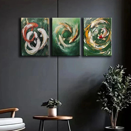 3pcs Group Of Koi Fish In An Oil Painting Metal Print Ready to Hang Art