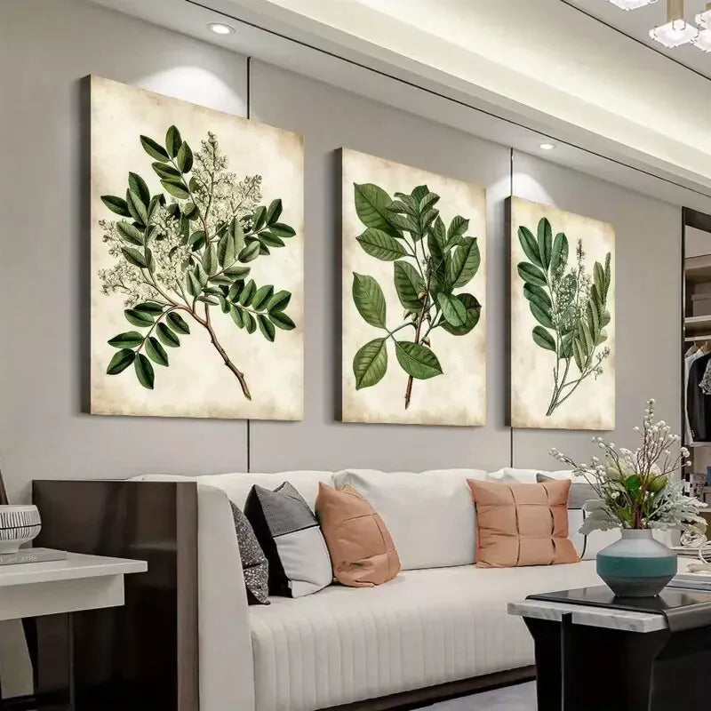 3pcs Abstract Green Leaves Botanical Vintage Wall Art Set Canvas Framed 40x60cm - High Quality Print 100% Australian Made Wall Canvas Ready to Hang
