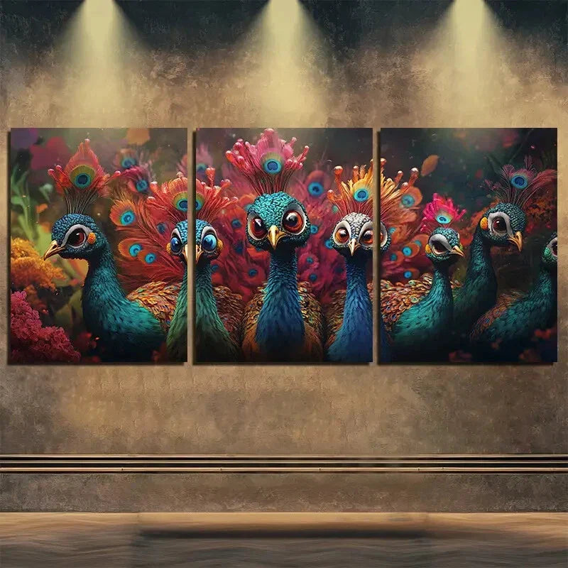 3pcs Flock of Brightly Colored Peacocks Perfect Wall Art Set Canvas Framed 40x60cm - High Quality Print 100% Australian Made Wall Canvas Ready to Hang