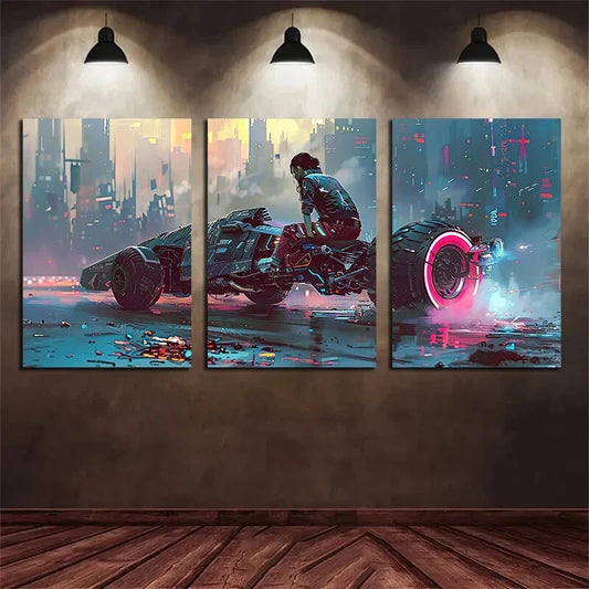 3pcs Vibrant Neon Motorcycle Pink Wheels Metal Print Ready to Hang Art