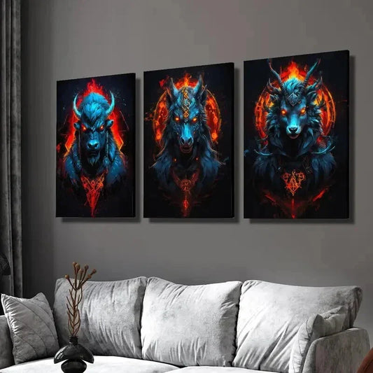 3pcs Ferocious Cattle Horse and Sheep Wall Art Set Canvas Framed 40x60cm - High Quality Print 100% Australian Made Wall Canvas Ready to Hang