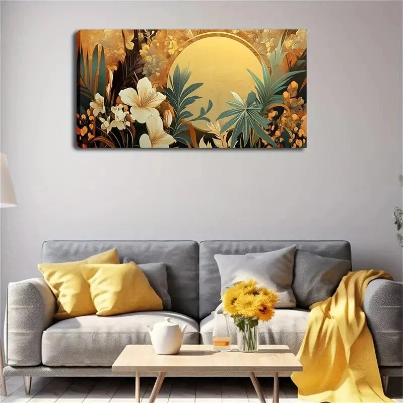 Golden Circular Pattern Flower Wall Art Canvas Office Home Room Framed 120x60cm