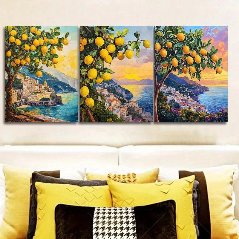 3pcss Lemon Tree In A Coastal Area Wall Art Set Canvas Framed 40x60cm - High Quality Print 100% Australian Made Wall Canvas Ready to Hang