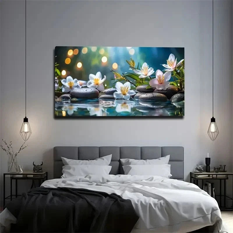 White Flowers On Black Stone Ab Wall Art Canvas Office Home Room Framed 80x45cm