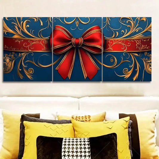 3pcs Modern Golden Red Bow Deco Classic Metal Print Ready to Hang Art