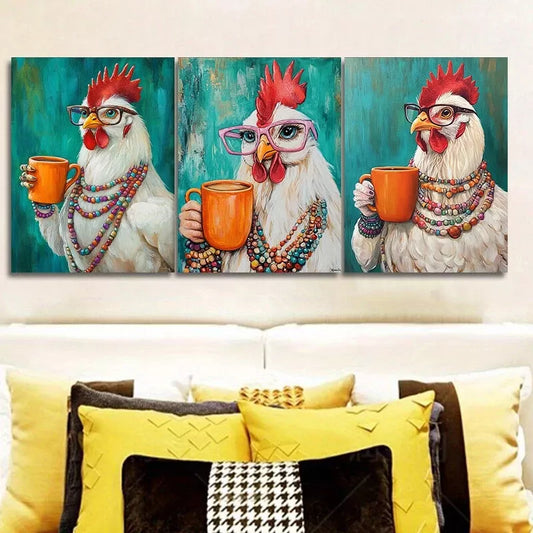 3pcs Hens Wear Glasses To Drink Water  Wall Art Set Canvas Framed 40x60cm - High Quality Print 100% Australian Made Wall Canvas Ready to Hang